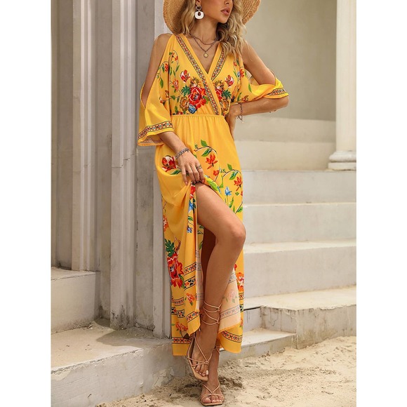 boho Floral Print Cold Shoulder maxi Dress cream - Picture 4 of 12